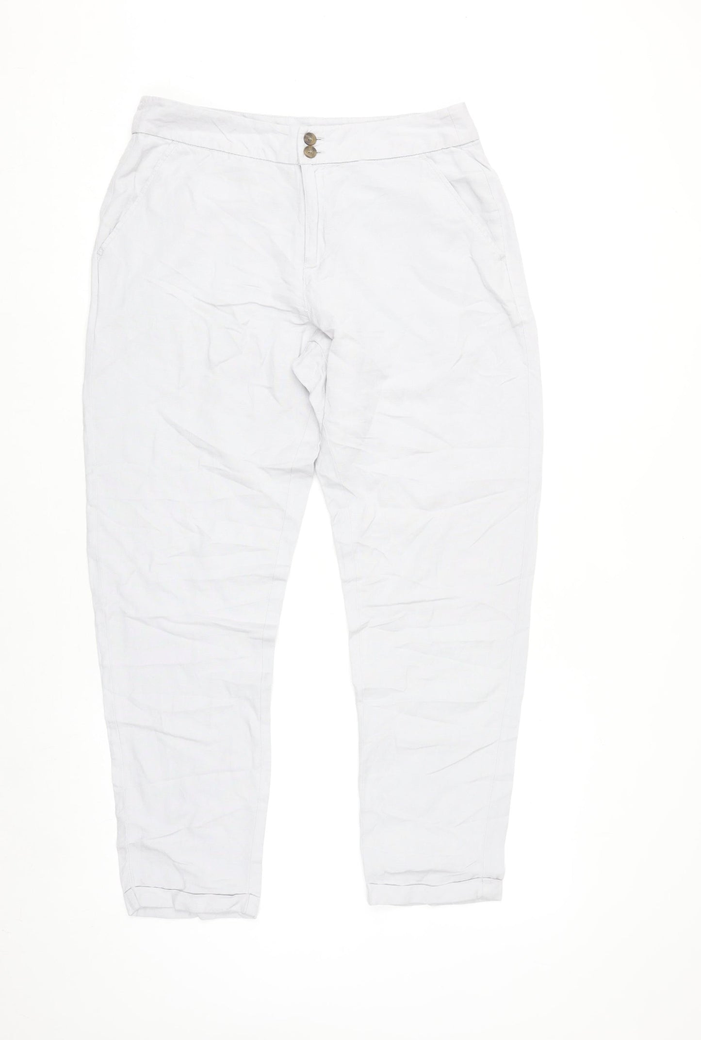 Dunnes Women White Linen Blend Chino Trousers Size 10