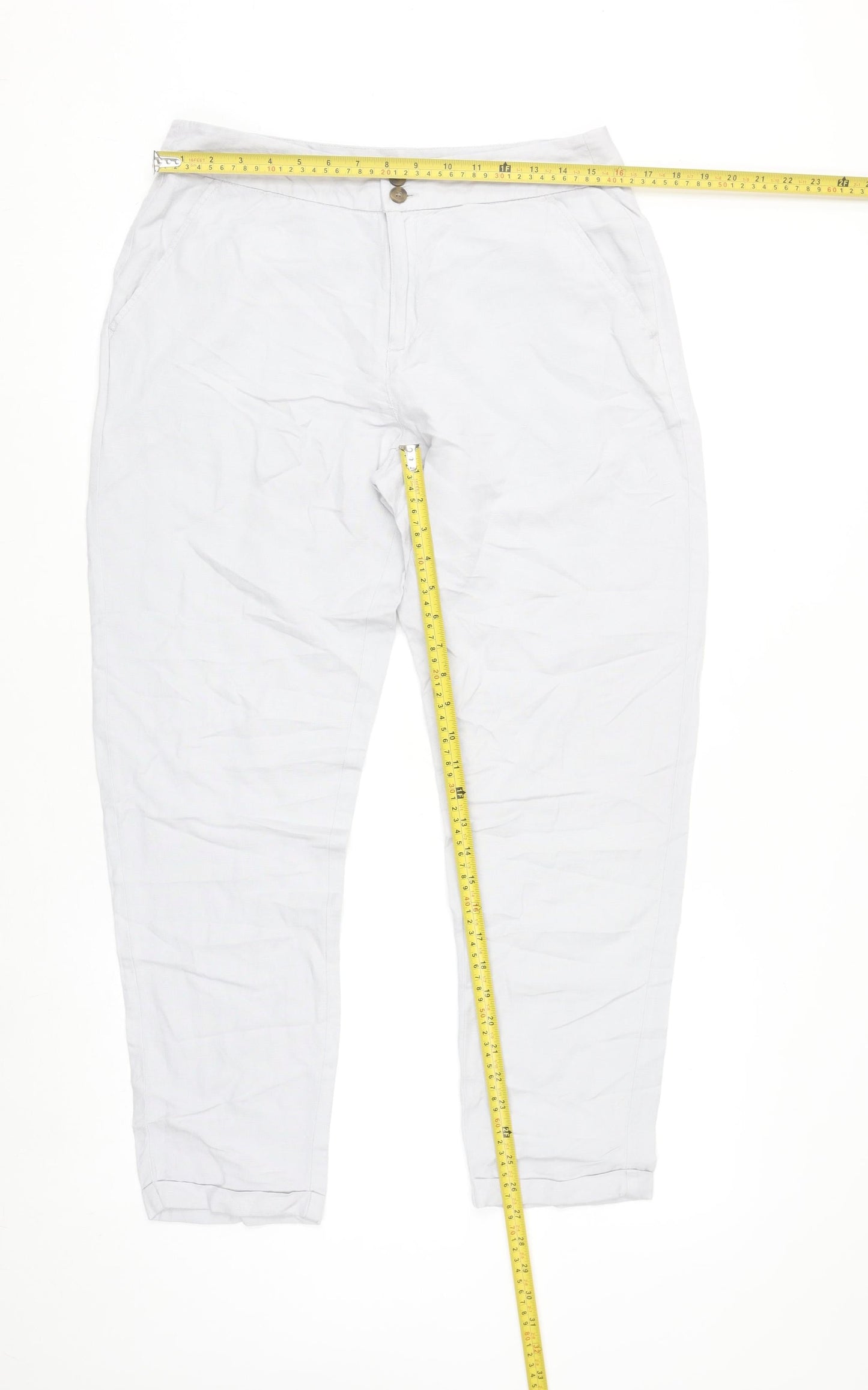 Dunnes Women White Linen Blend Chino Trousers Size 10