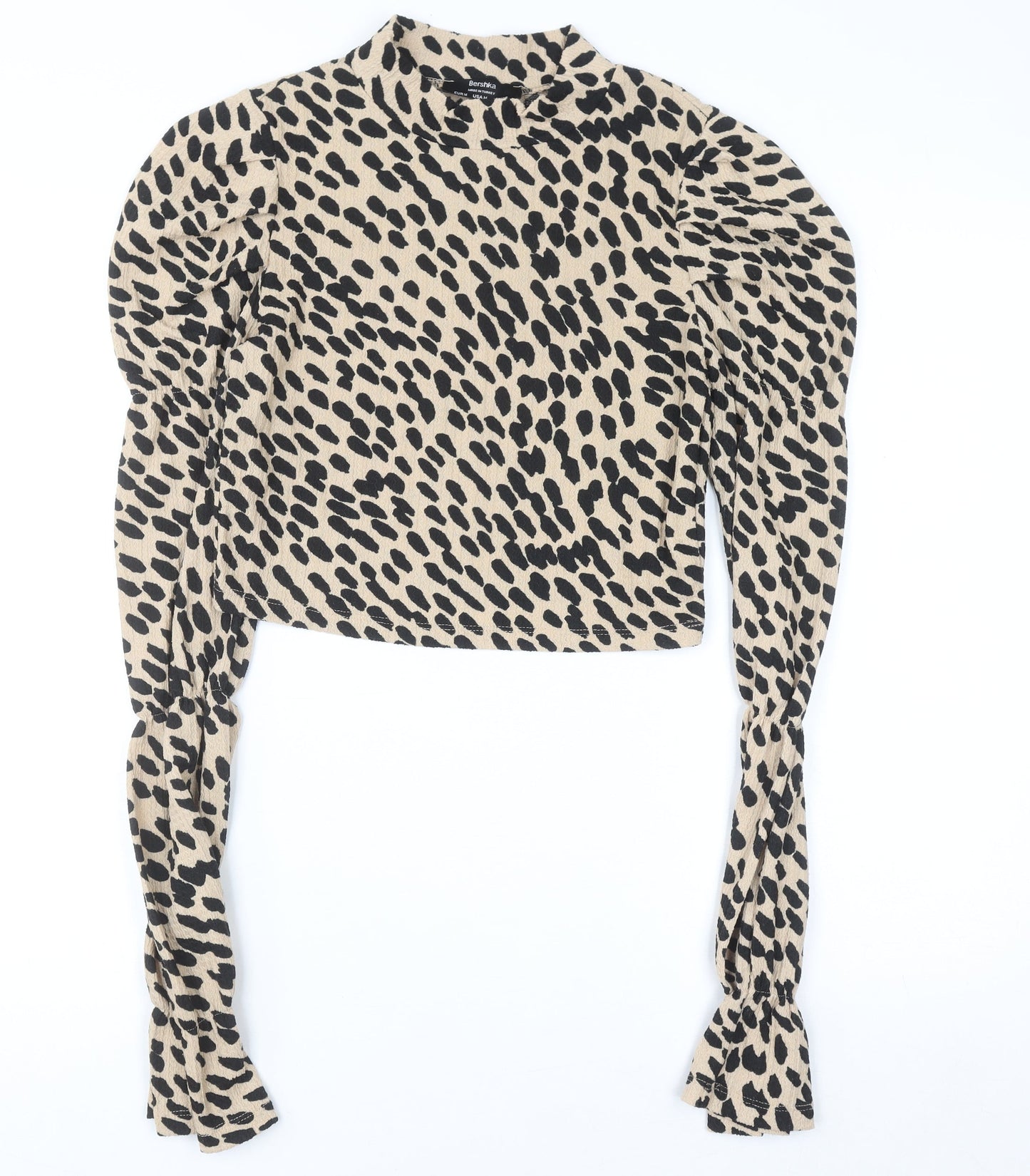 Bershka Women Beige Animal Print Cropped Long Sleeve Blouse Size 10