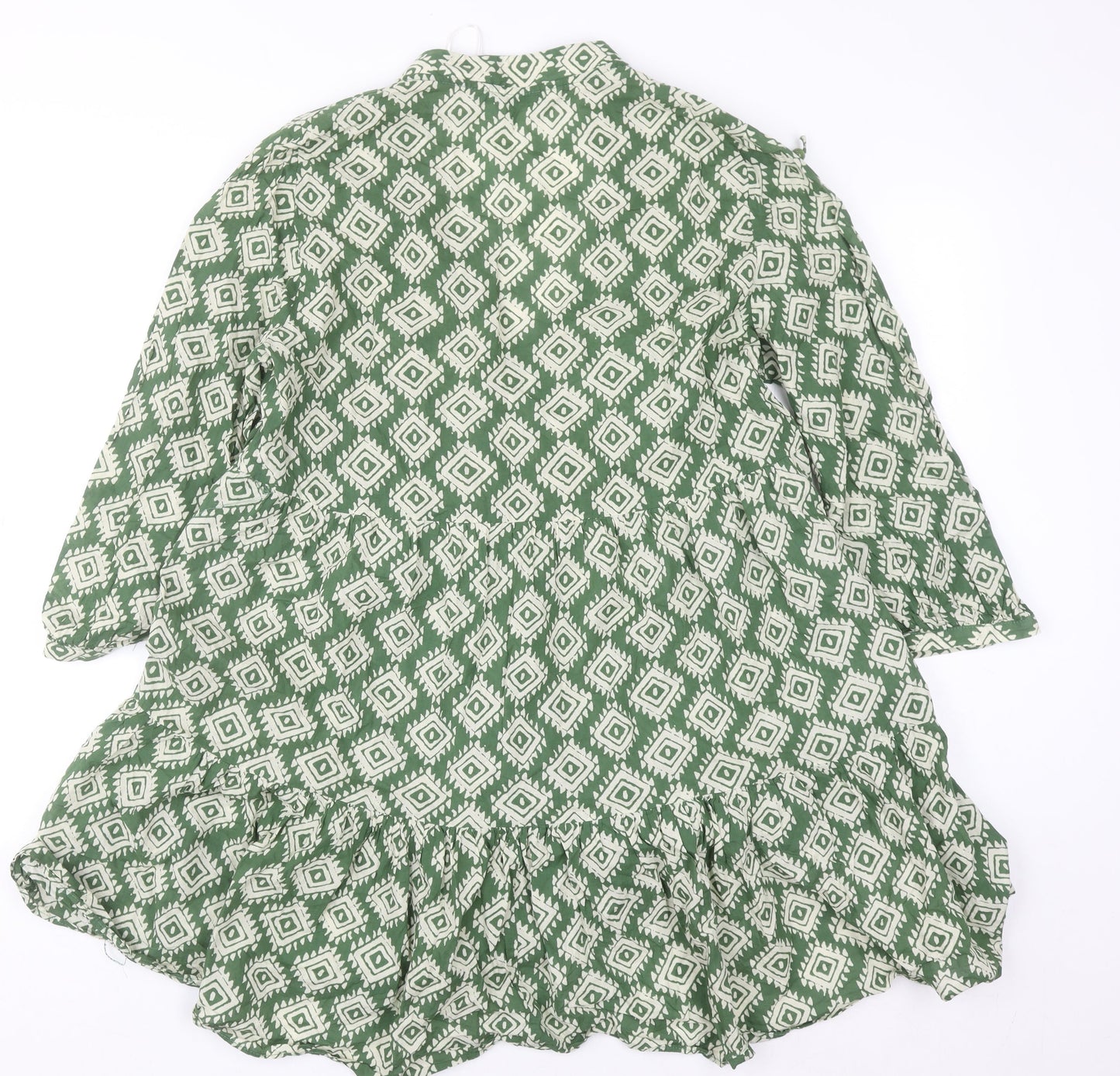 Zara Women Green Geometric Tunic Blouse Size 12 Cotton Ruffle