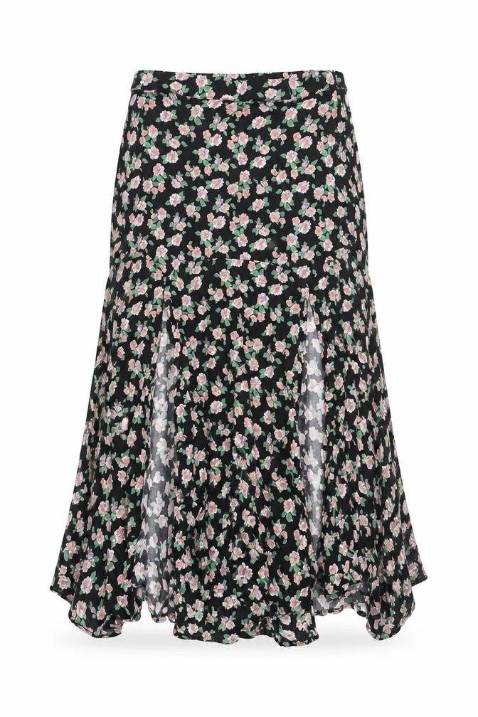 Zara Women Black Floral Flare Midi Skirt Size S Viscose