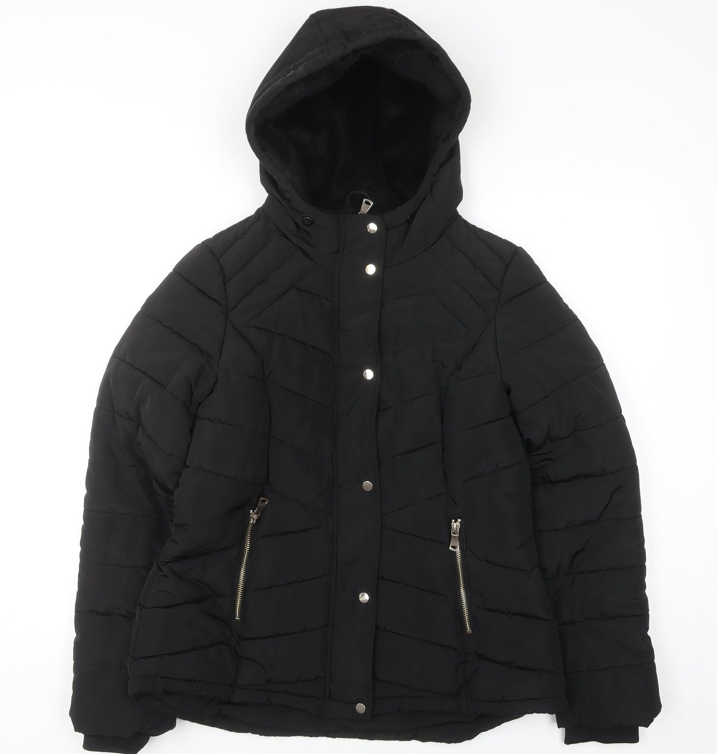 F&F Womens Black Hooded Puffer Jacket Size 12 Winter Coat