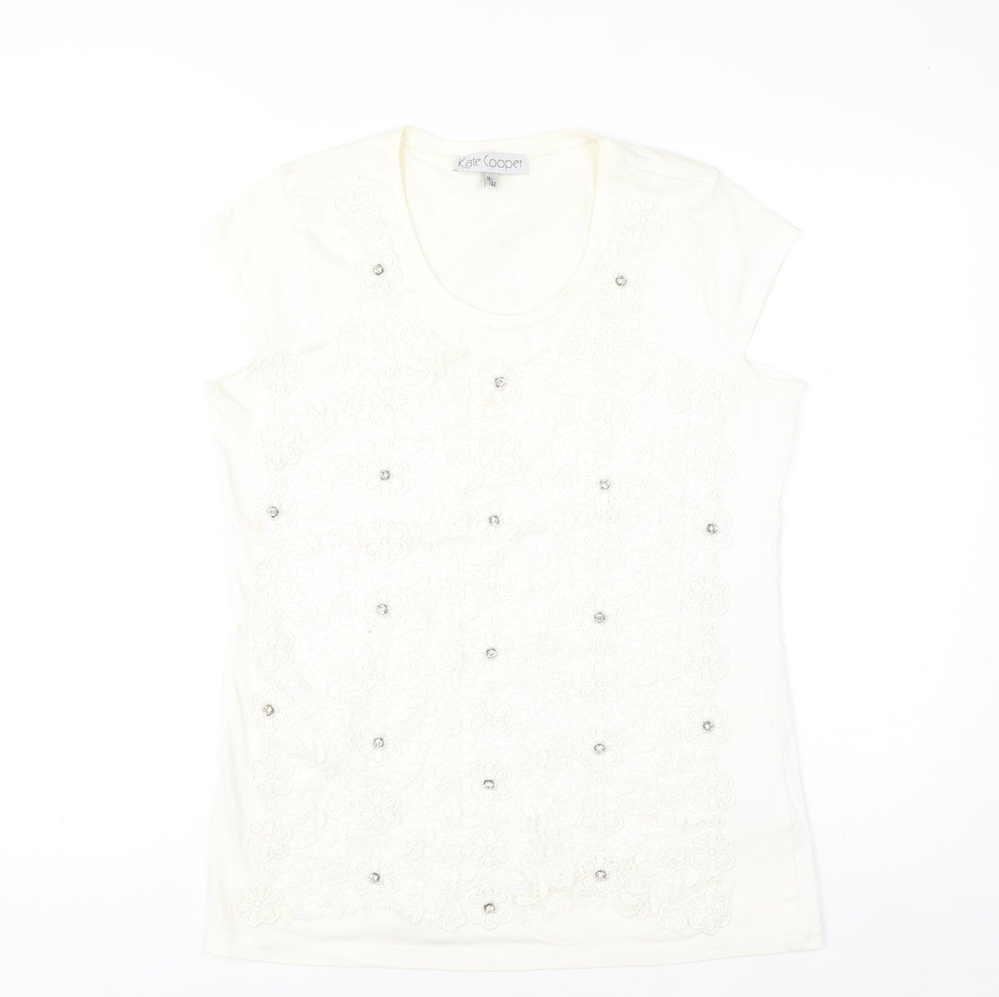 Kate Cooper Women's Ivory Floral Beaded Short Sleeve T-Shirt Size 16