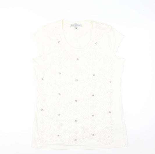 Kate Cooper Women's Ivory Floral Beaded Short Sleeve T-Shirt Size 16