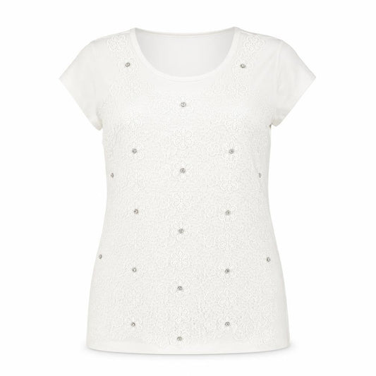 Kate Cooper Women's Ivory Floral Beaded Short Sleeve T-Shirt Size 16