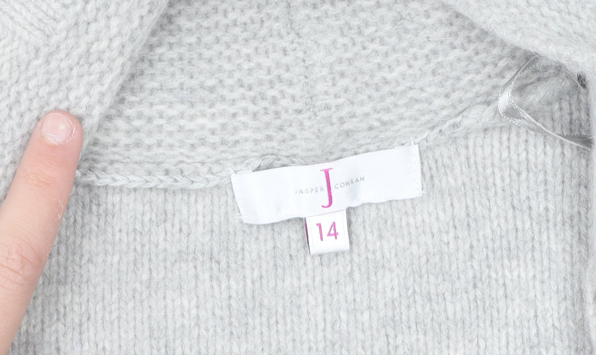 Jasper Conran Women Grey Wool Angora Belted Short Sleeve Cardigan Size 14