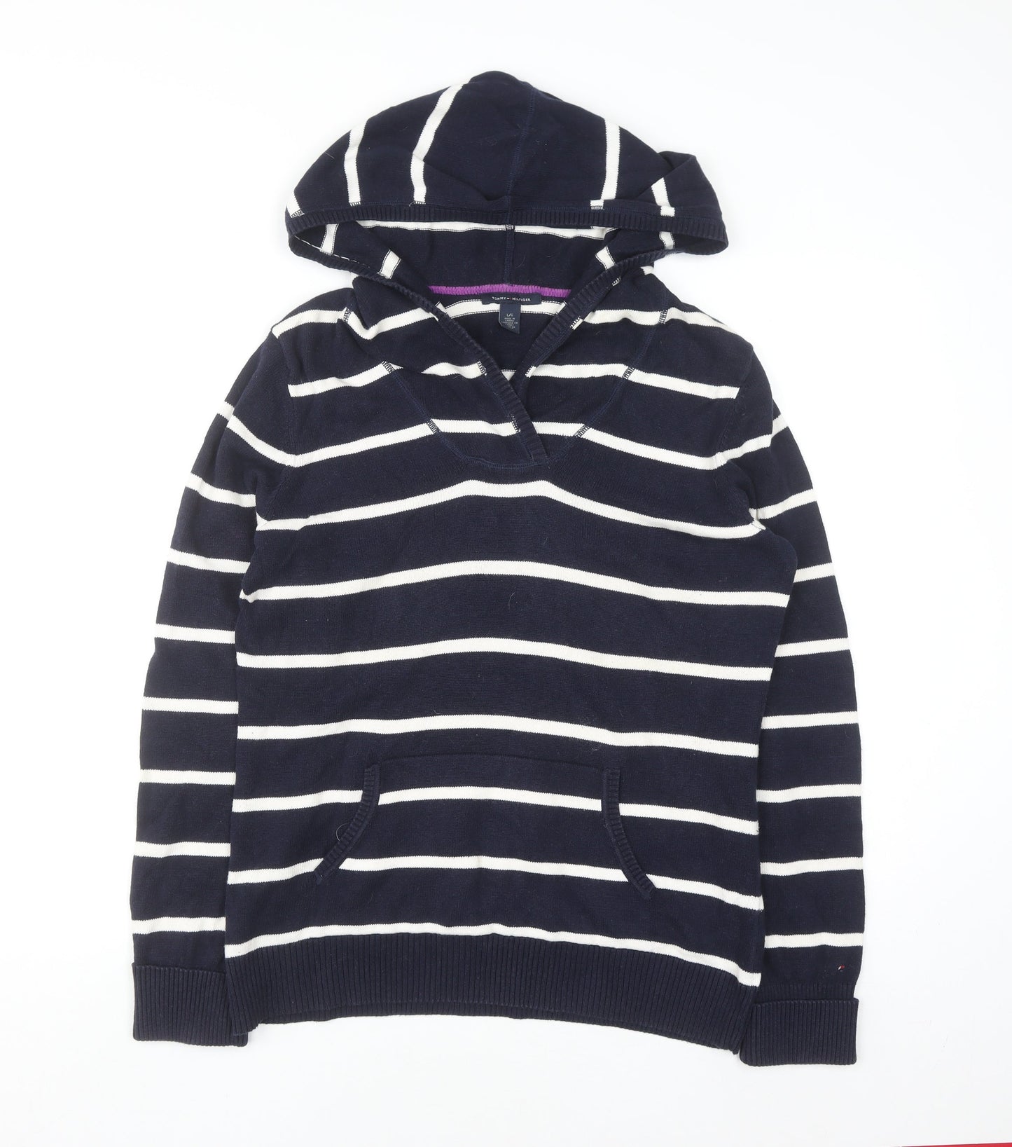 Tommy Hilfiger Women Navy Striped Cotton Pullover Hoodie Size L