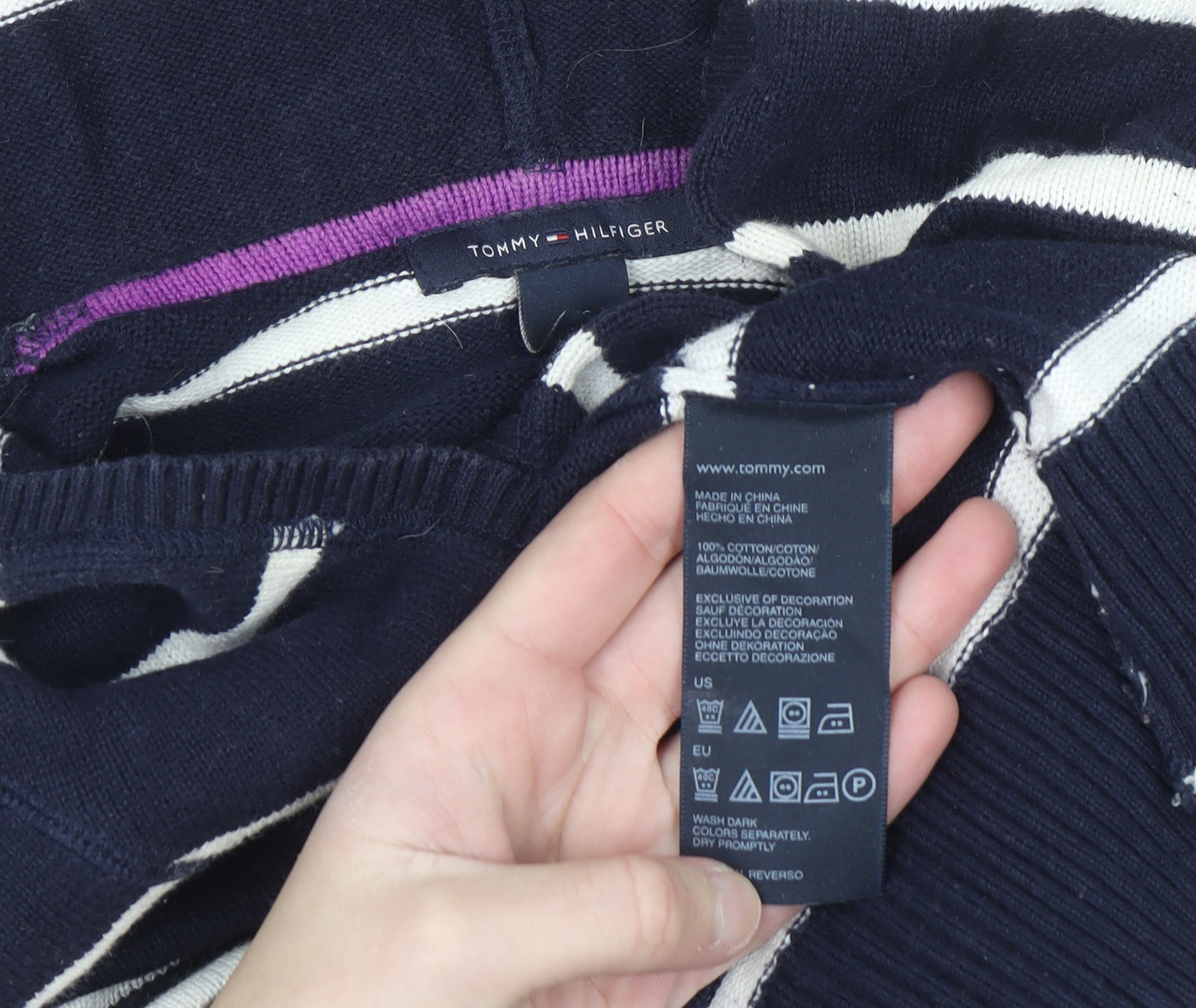 Tommy Hilfiger Women Navy Striped Cotton Pullover Hoodie Size L