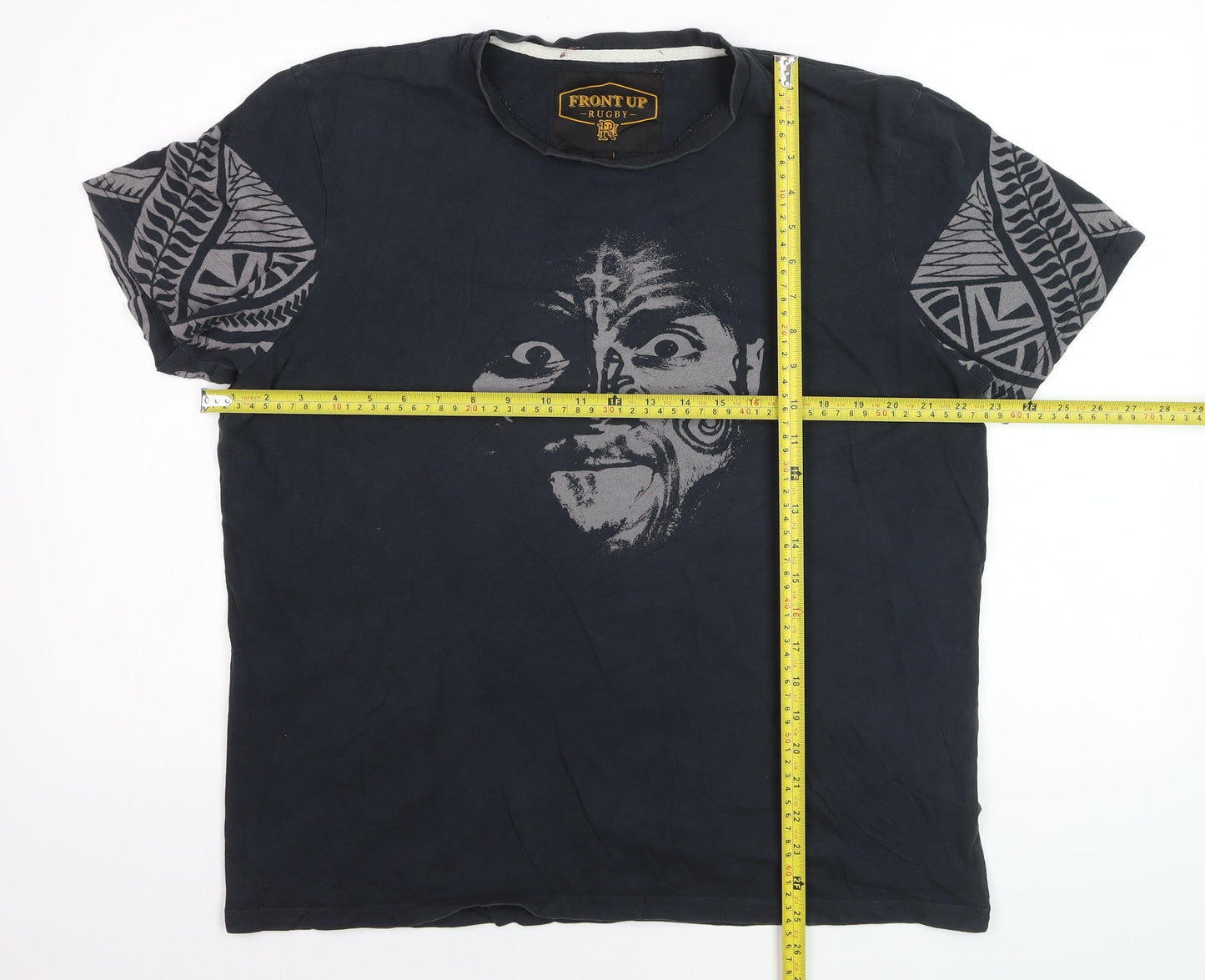 Front Up Rugby Men's Black Tribal Graphic Cotton T-Shirt L
