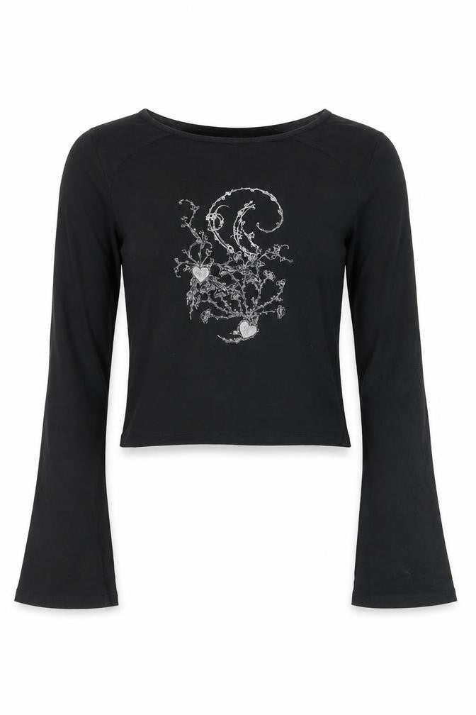 Motel Rocks Girls Black XXS Cropped Long Sleeve Graphic T-Shirt