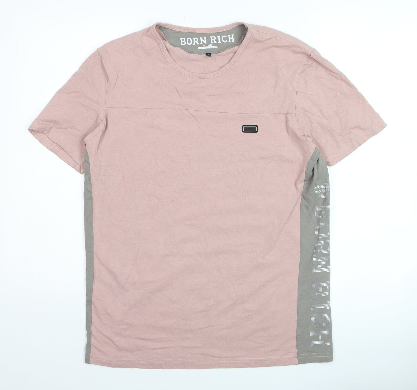 Born Rich Men's Pink Crew Neck Cotton T-Shirt Size L