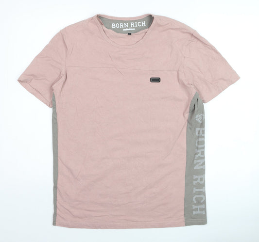 Born Rich Men's Pink Crew Neck Cotton T-Shirt Size L