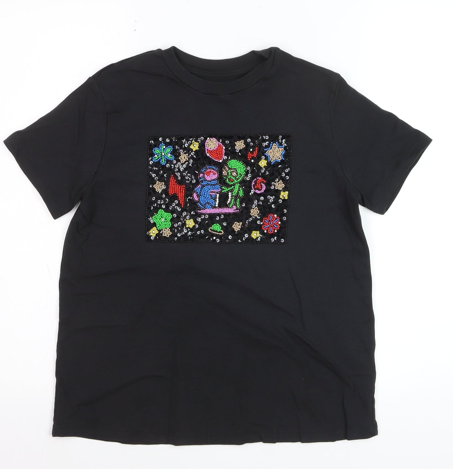UTERQUE Girls Black Beaded Space Graphic Short Sleeve T-Shirt S