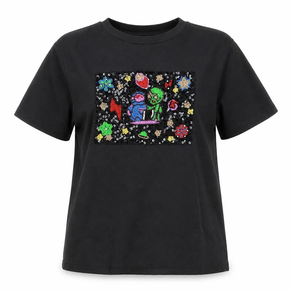 UTERQUE Girls Black Beaded Space Graphic Short Sleeve T-Shirt S