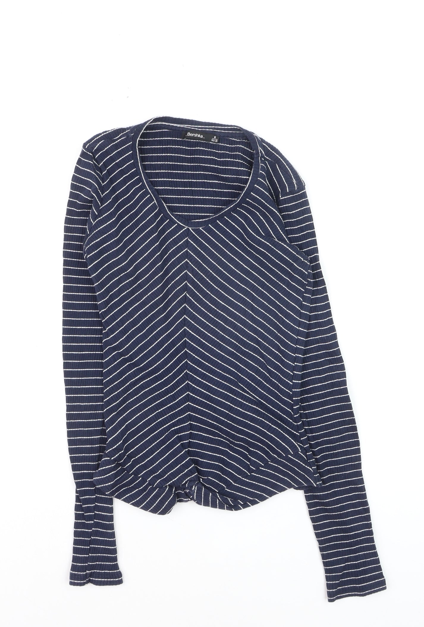 Bershka Women's Blue Striped V-Neck Long Sleeve T-Shirt M