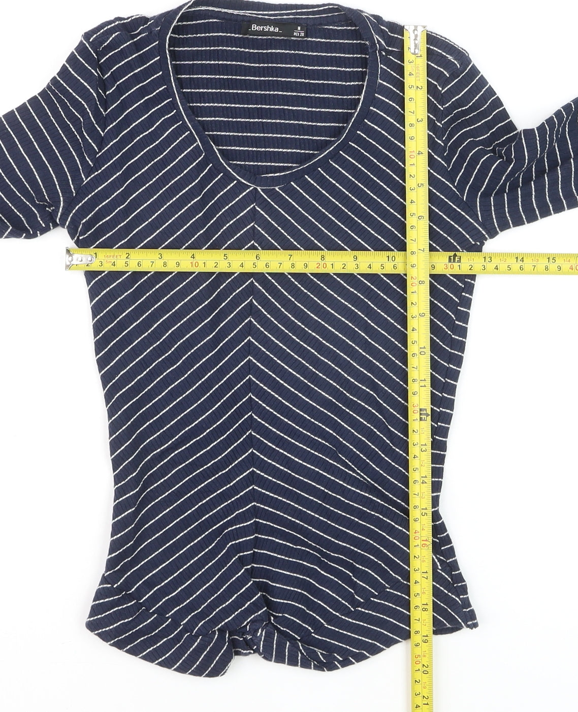 Bershka Women's Blue Striped V-Neck Long Sleeve T-Shirt M