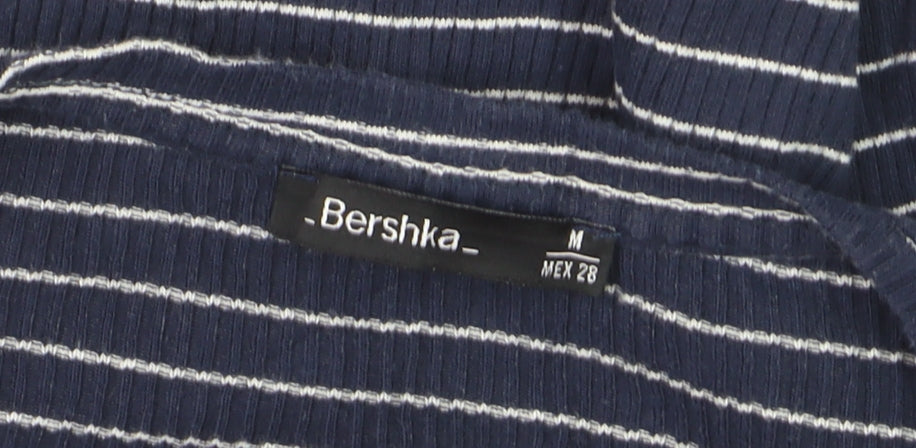 Bershka Women's Blue Striped V-Neck Long Sleeve T-Shirt M