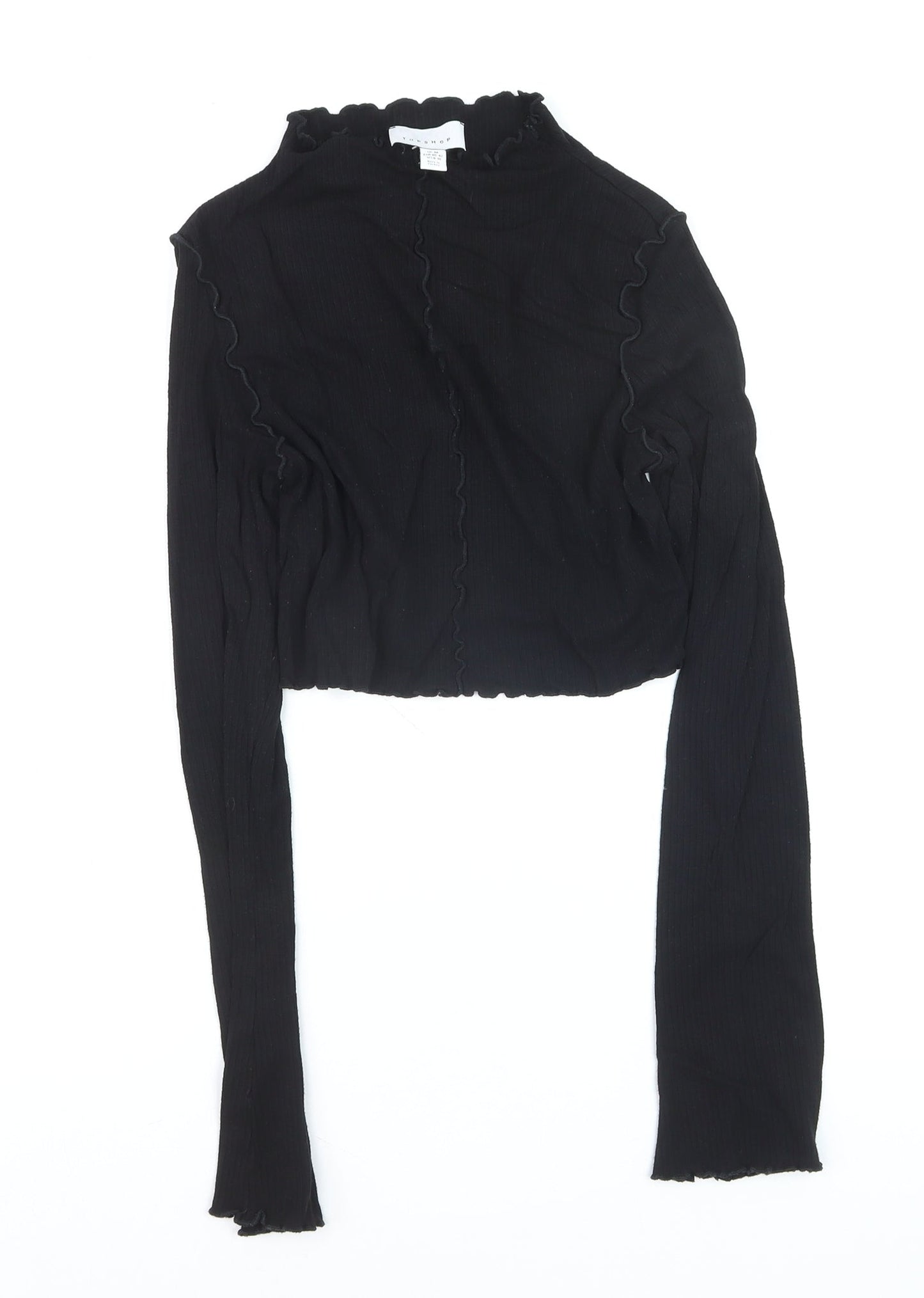 Topshop Women Black M Cropped Long Sleeve Ruffle Trim Top
