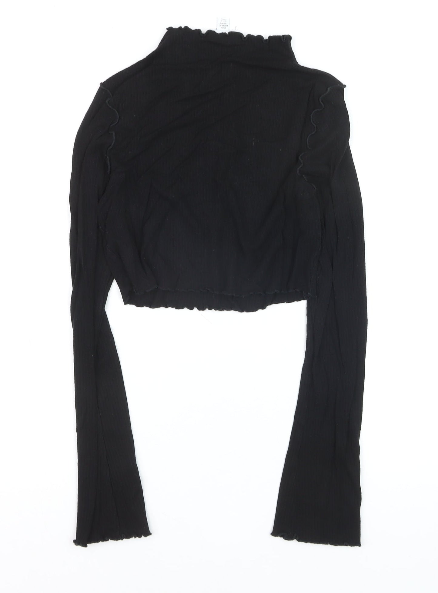 Topshop Women Black M Cropped Long Sleeve Ruffle Trim Top