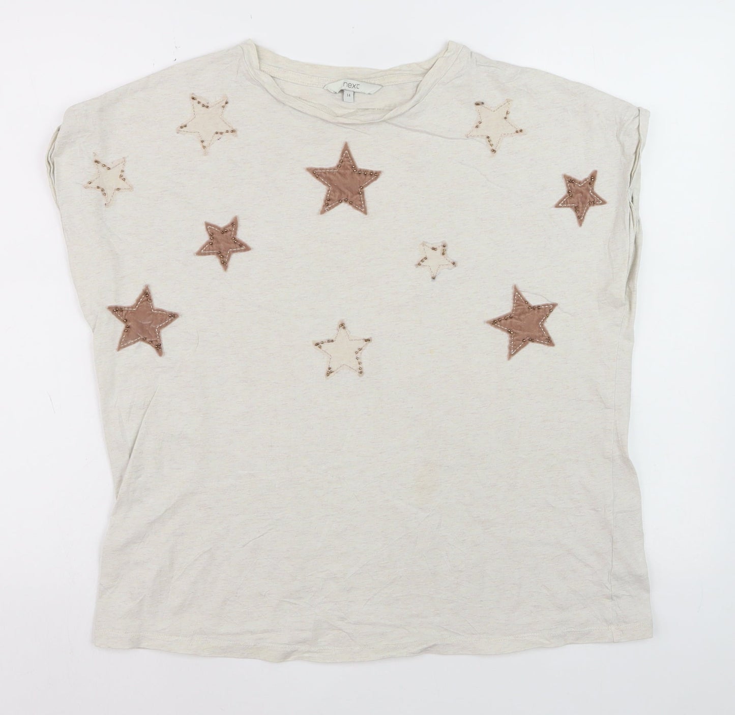 Next Women Beige Star Embroidered Cotton T-Shirt Size 14