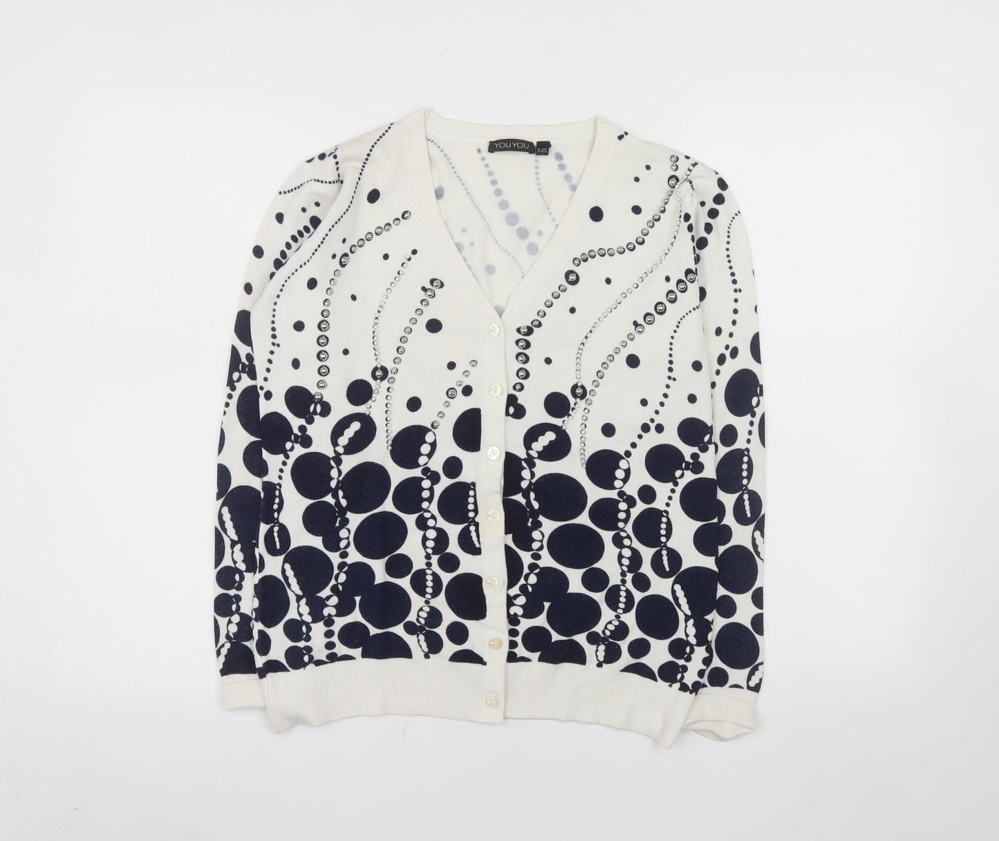 YOU YOU Women's White & Navy Polka Dot V-Neck Cardigan XL