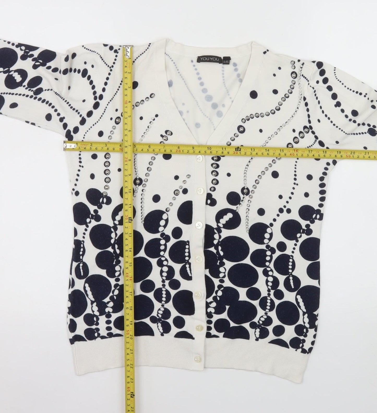 YOU YOU Women's White & Navy Polka Dot V-Neck Cardigan XL