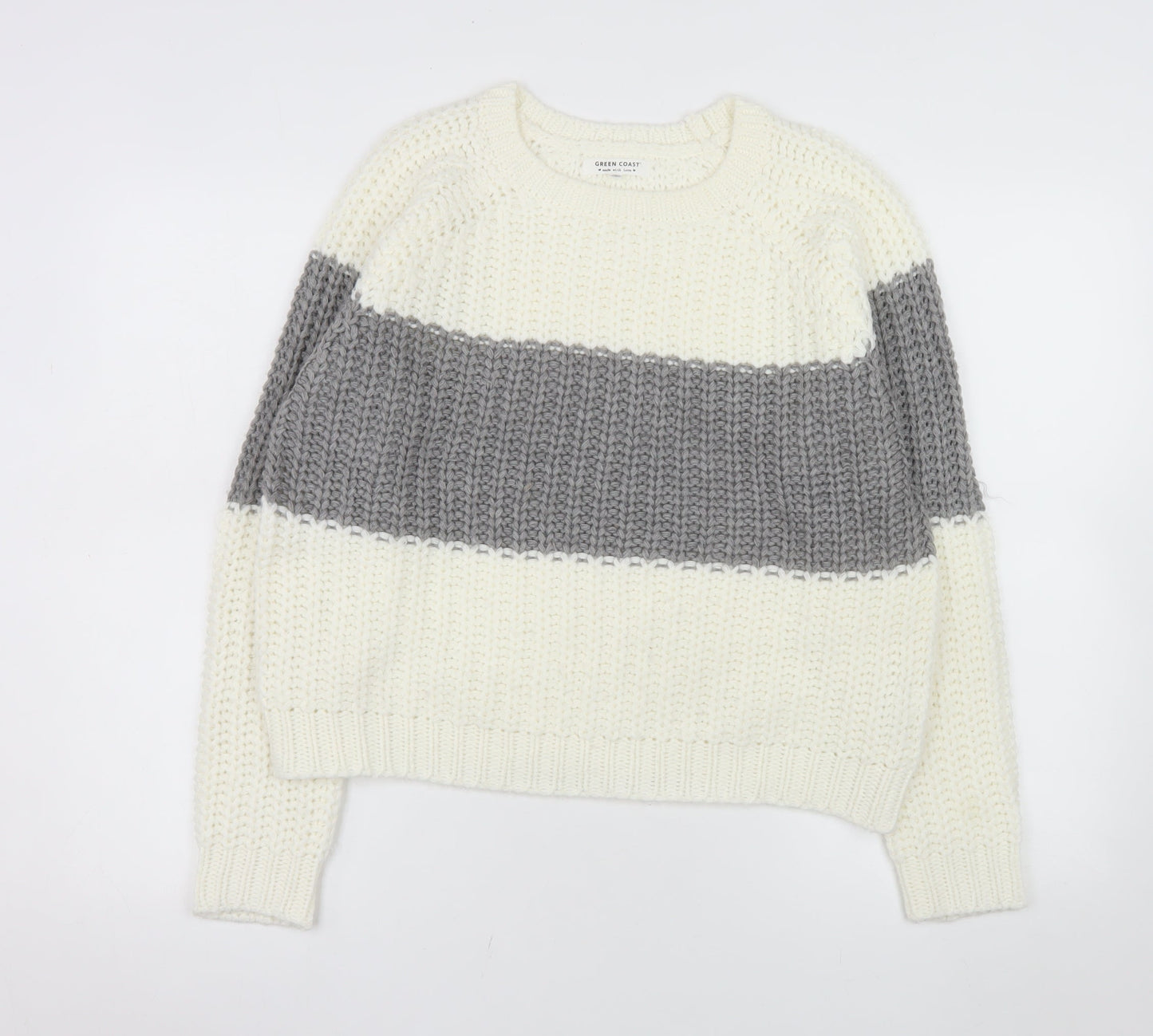 Green Coast Women Cream Grey Chunky Knit Pullover Jumper M