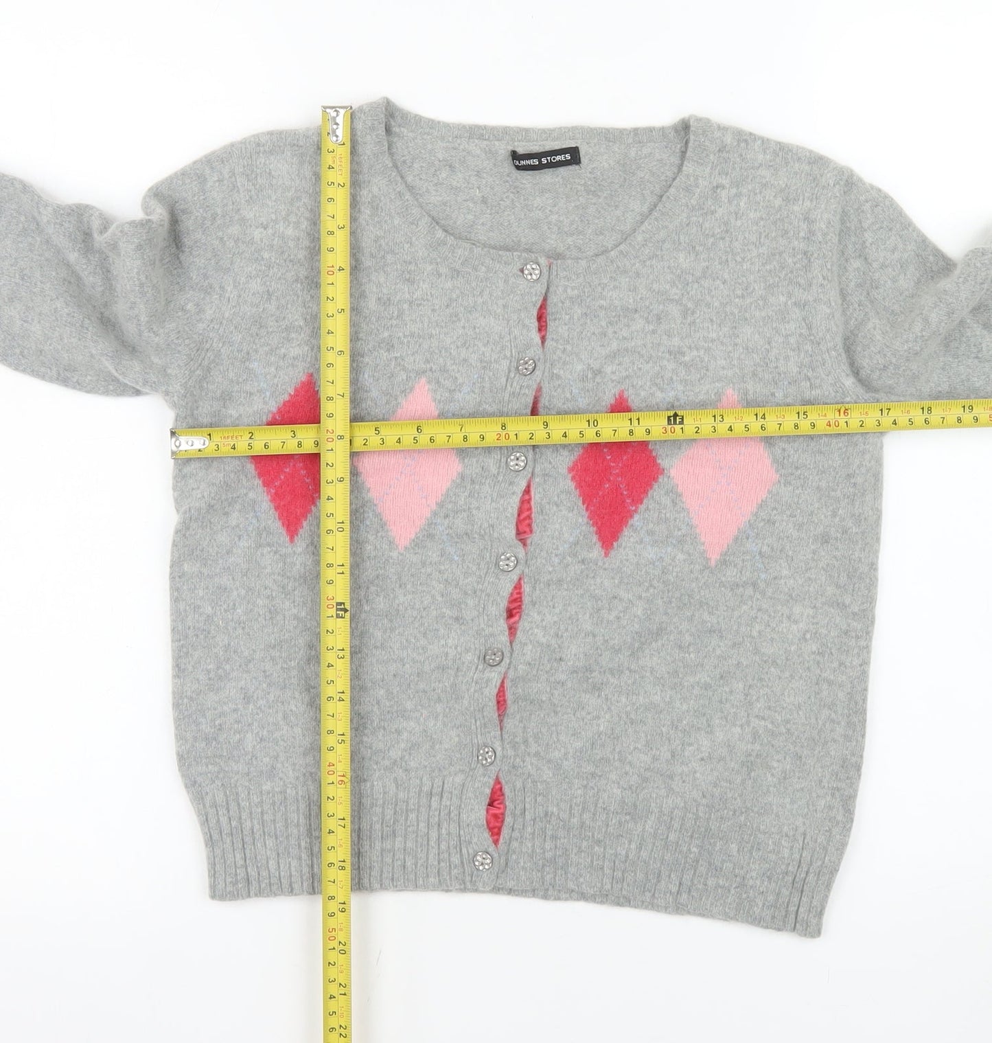 Dunnes Stores Women Grey Argyle Cardigan Size 16 Wool Blend