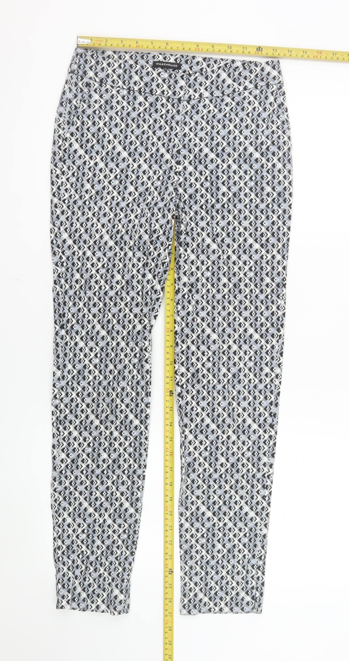 Warehouse Women’s Grey Geometric Slim Trousers Size 8 Cotton Blend