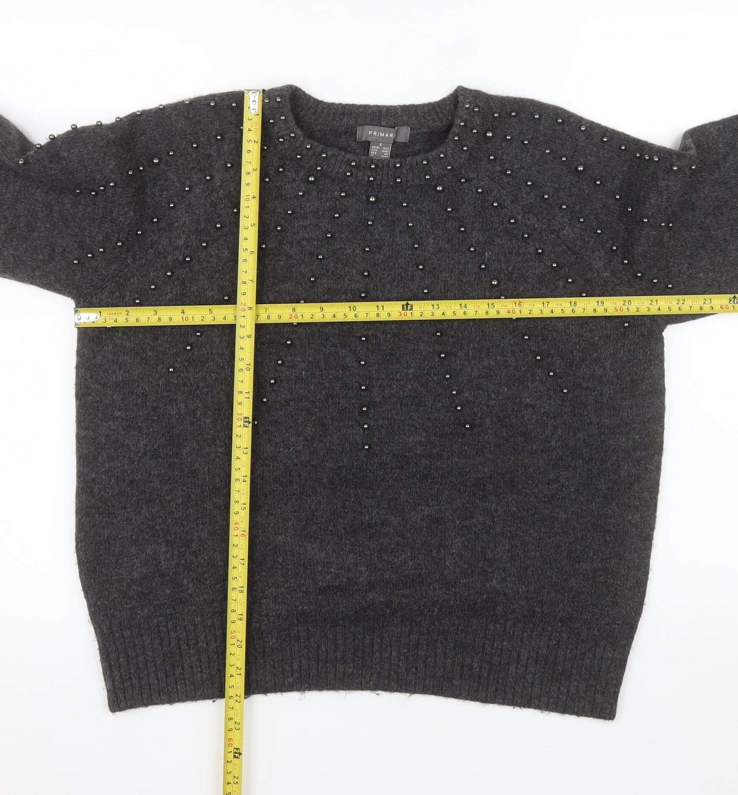 Primark Women's Grey Beaded Crew Neck Knit Jumper Size S 10/12