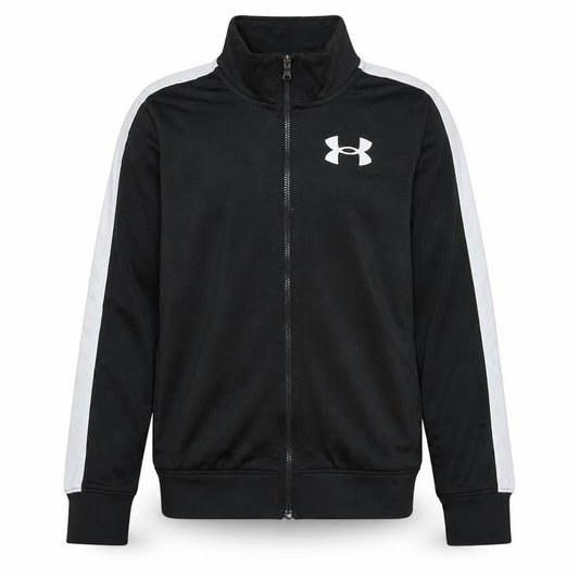 Front view of Under Armour boys’ black full zip hoodie track sweatshirt, size M