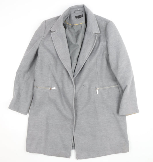 Topshop Women Grey Long Wool Blend Coat UK 12 Lined Zip Detail