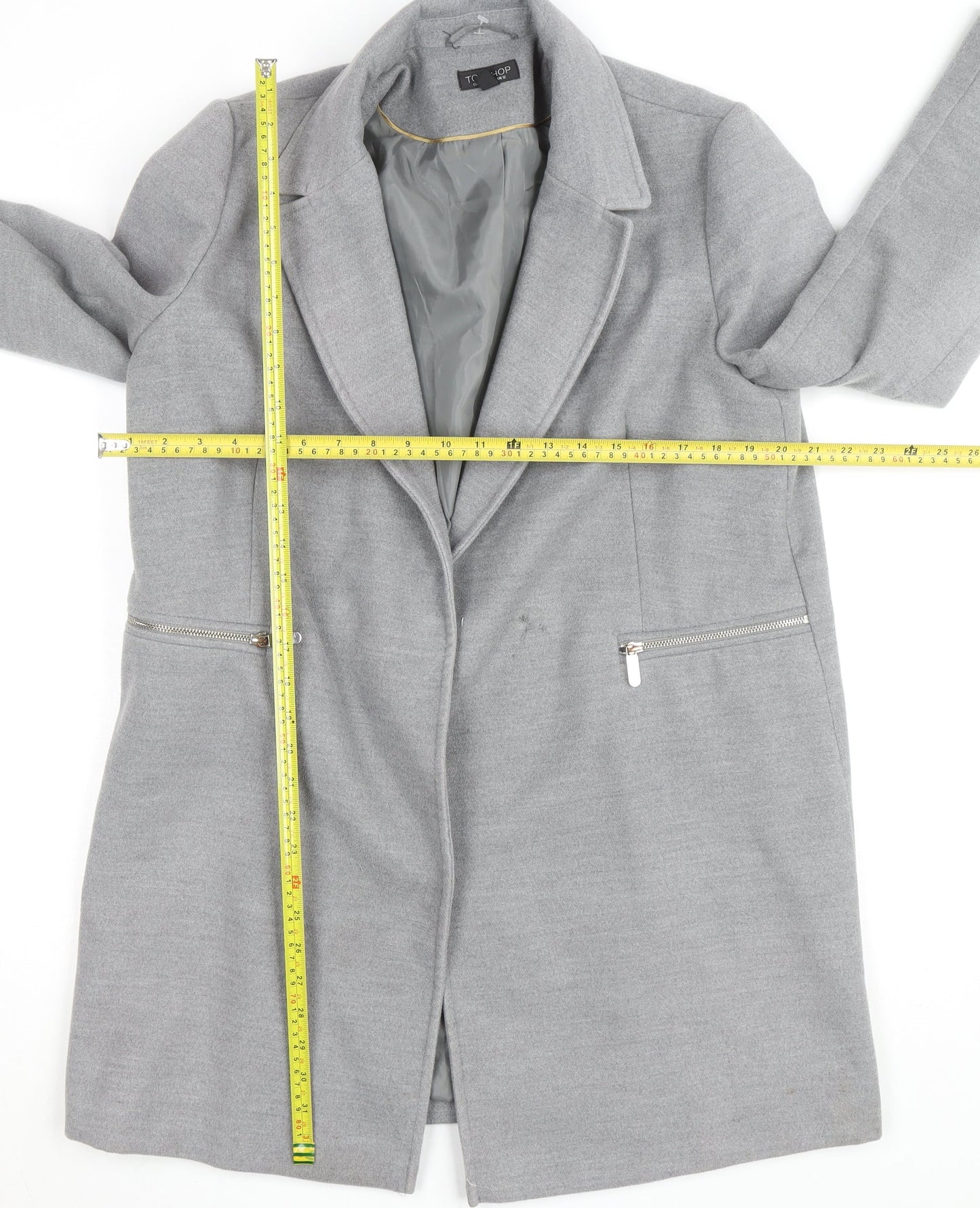 Topshop Women Grey Long Wool Blend Coat UK 12 Lined Zip Detail