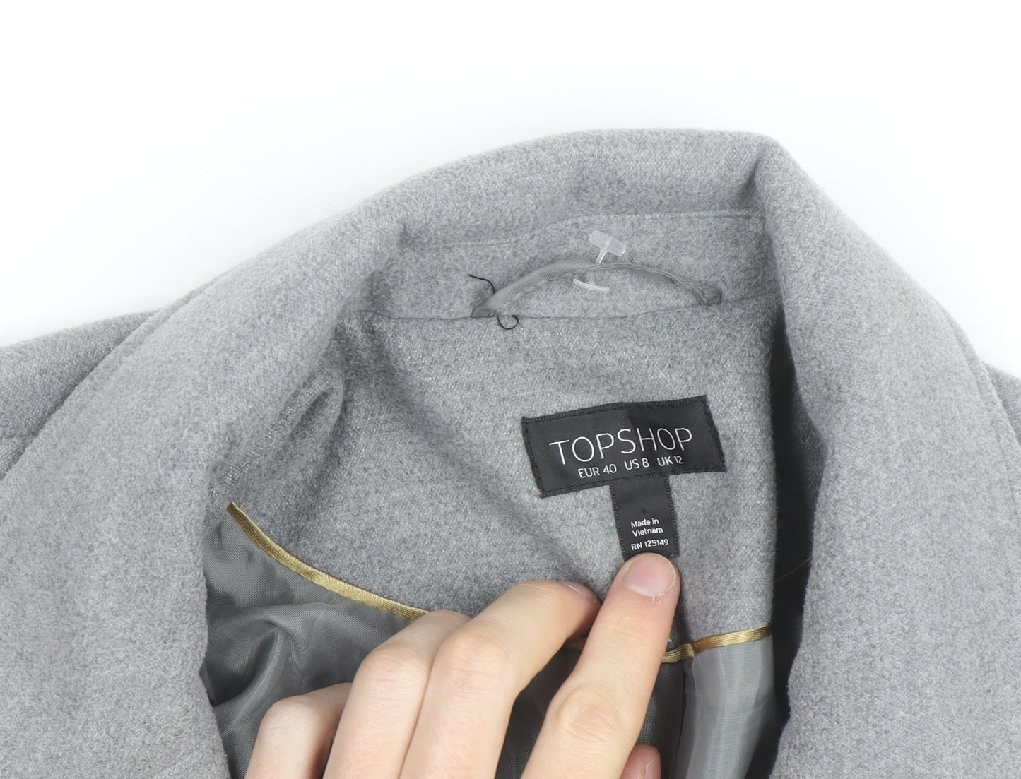 Topshop Women Grey Long Wool Blend Coat UK 12 Lined Zip Detail