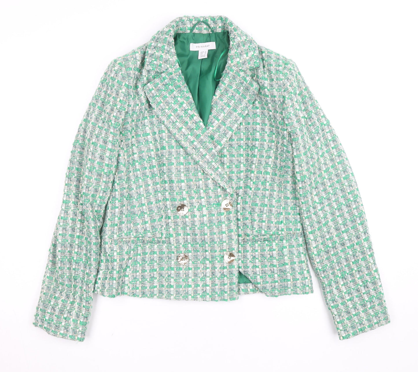 Primark Women’s Green Tweed Blazer Jacket Size 10 Check Lined