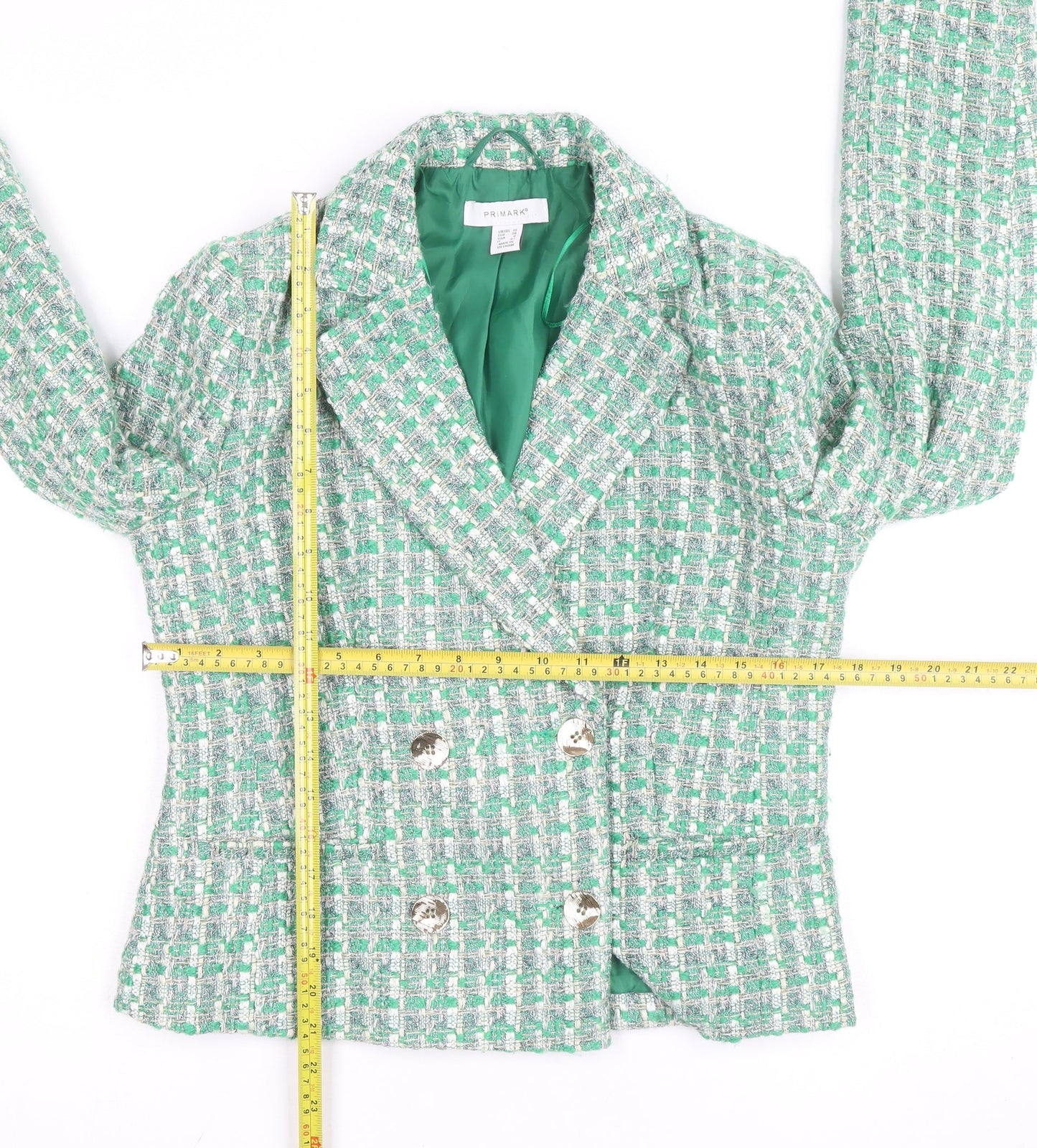 Primark Women’s Green Tweed Blazer Jacket Size 10 Check Lined