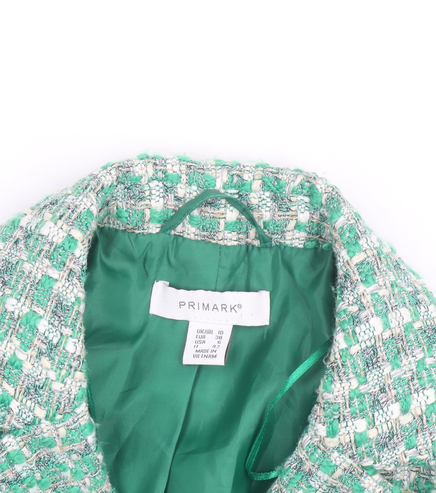 Primark Women’s Green Tweed Blazer Jacket Size 10 Check Lined