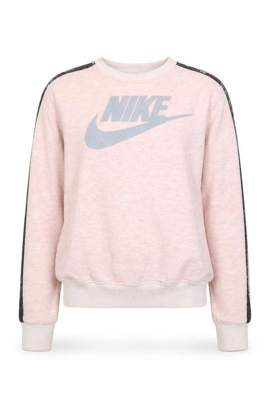 Front view of Nike girls’ pink crew neck sweatshirt l long sleeve pullover logo design