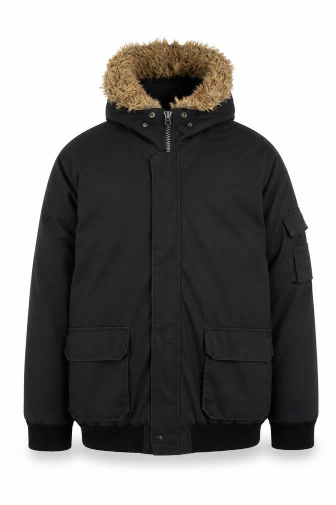 Smog Men’s Black 2XL Hooded Puffer Jacket with Faux Fur Trim