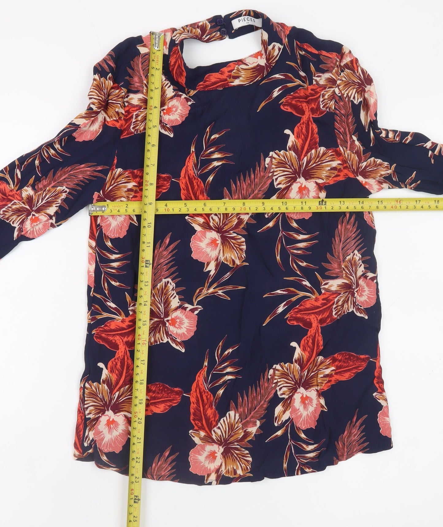 Pieces Womens Blue Floral Long Sleeve Viscose Tunic Blouse XS