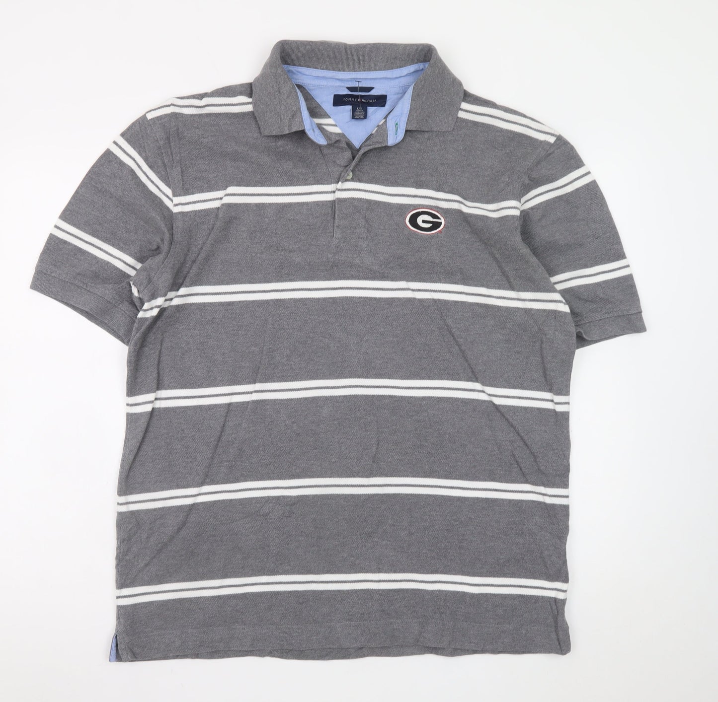 Tommy Hilfiger Men's Grey Striped Polo Shirt Size L Cotton