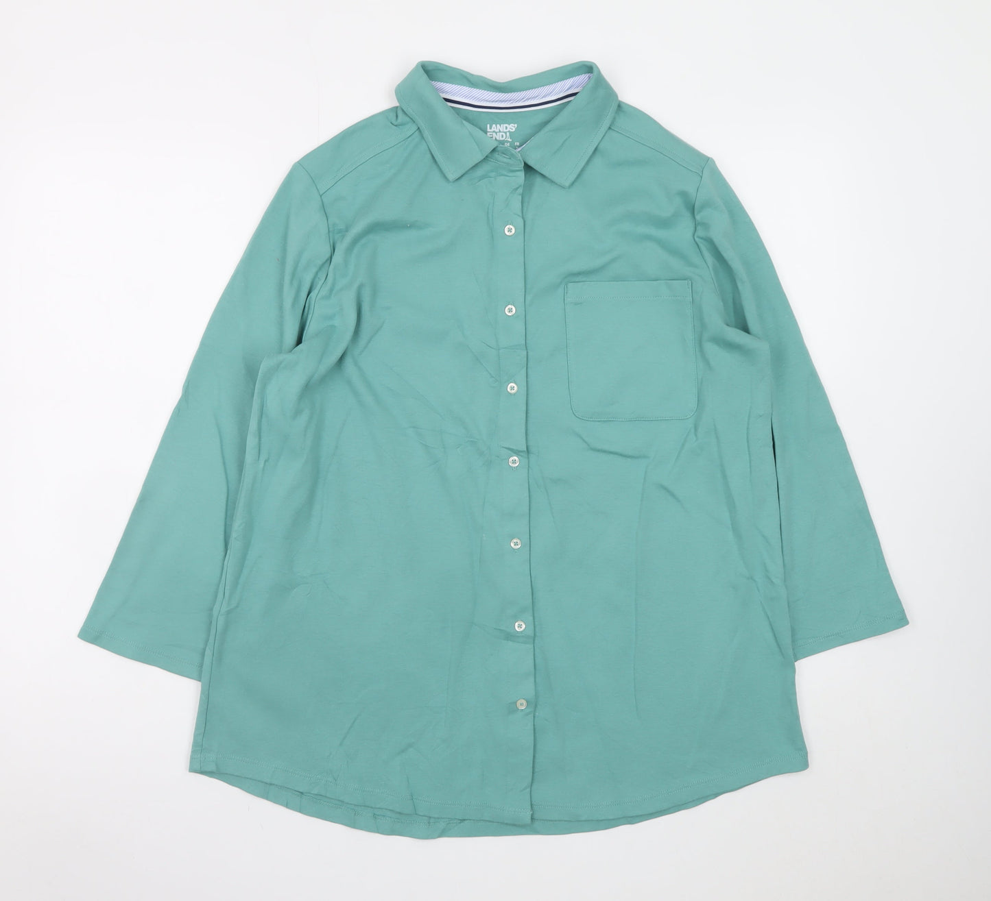 Lands' End Women's Green Cotton Long Sleeve Button-Up Shirt L