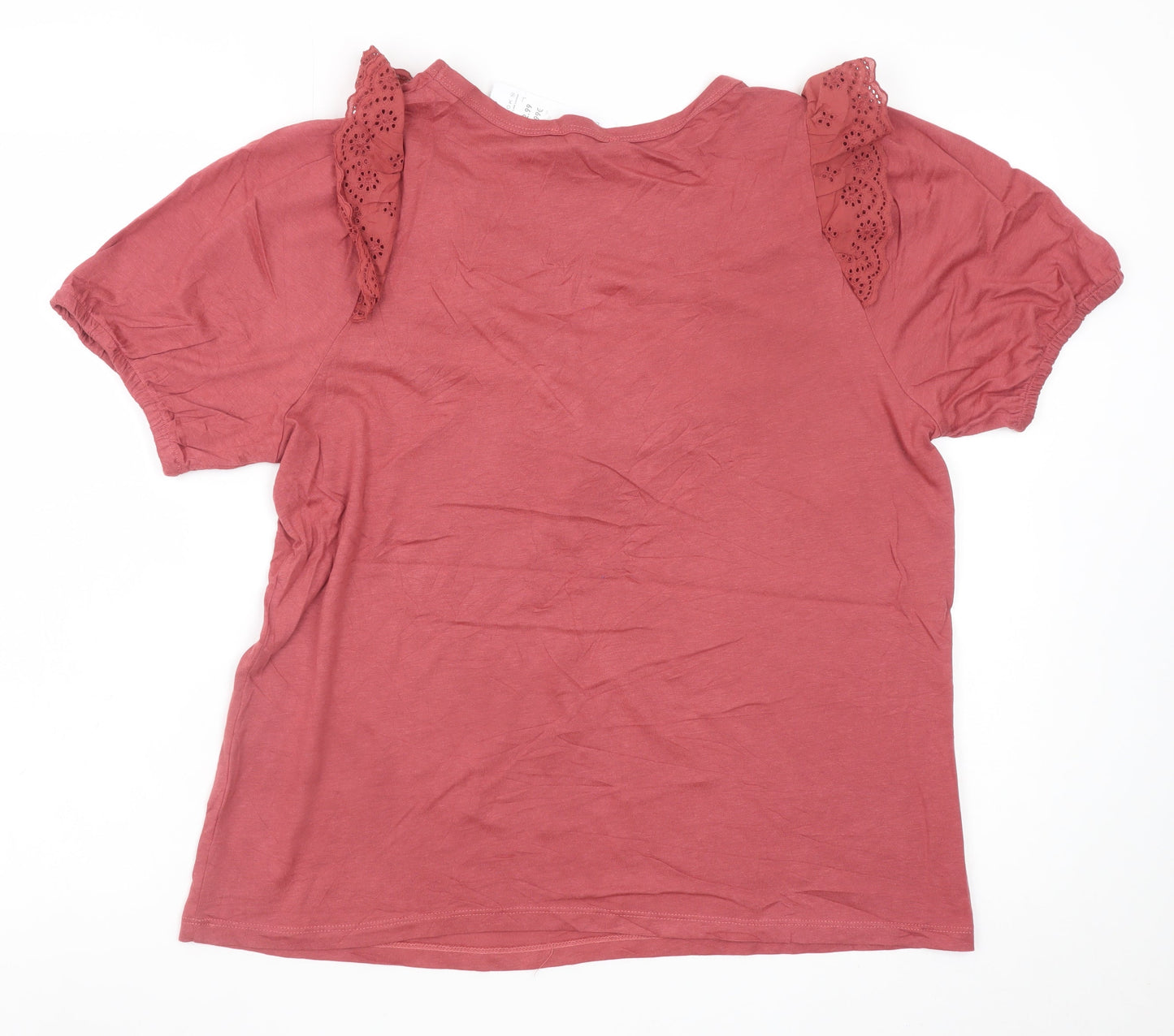 New Look Women Red Short Sleeve Lace Trim V-Neck T-Shirt UK 12