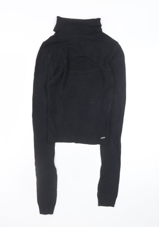 Hollister Women's Black XS Cropped Roll Neck Ribbed Long Sleeve Top