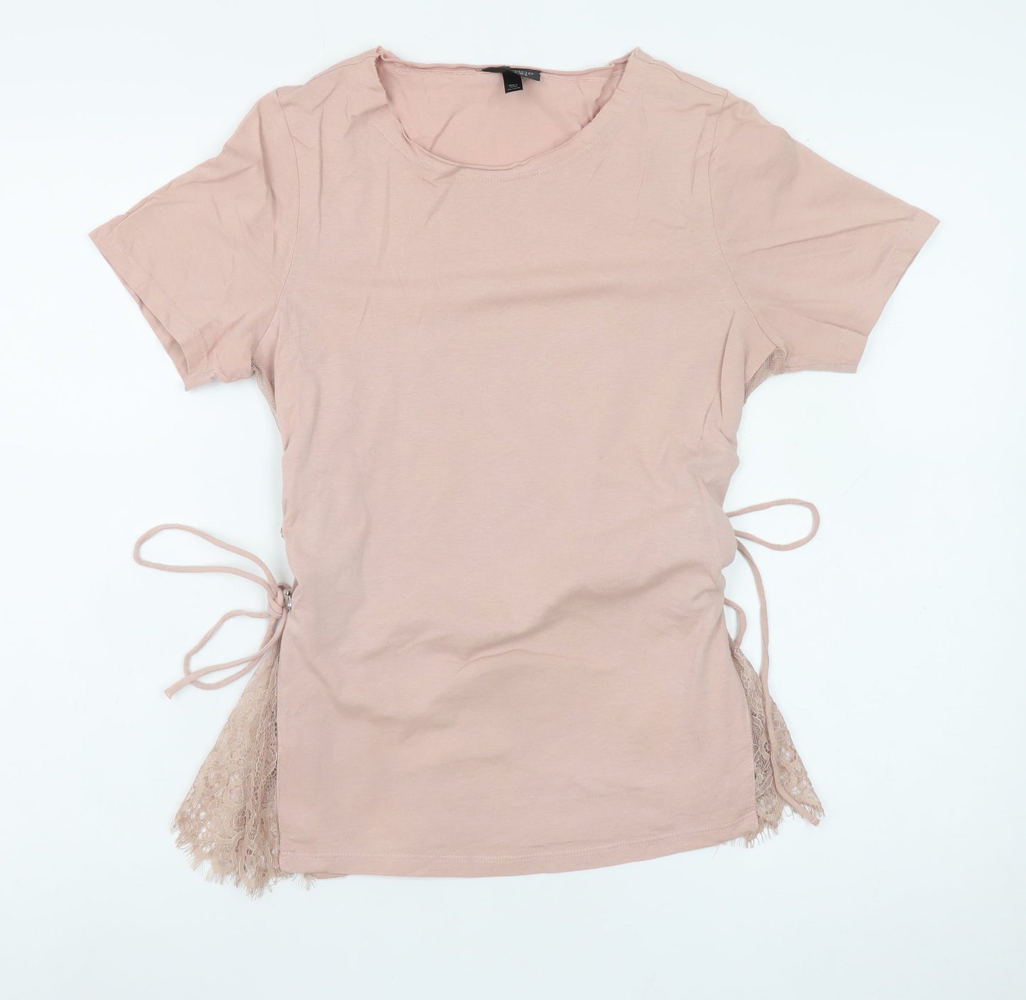 Topshop Women Pink Lace Side Tie Cotton T-Shirt Size 10