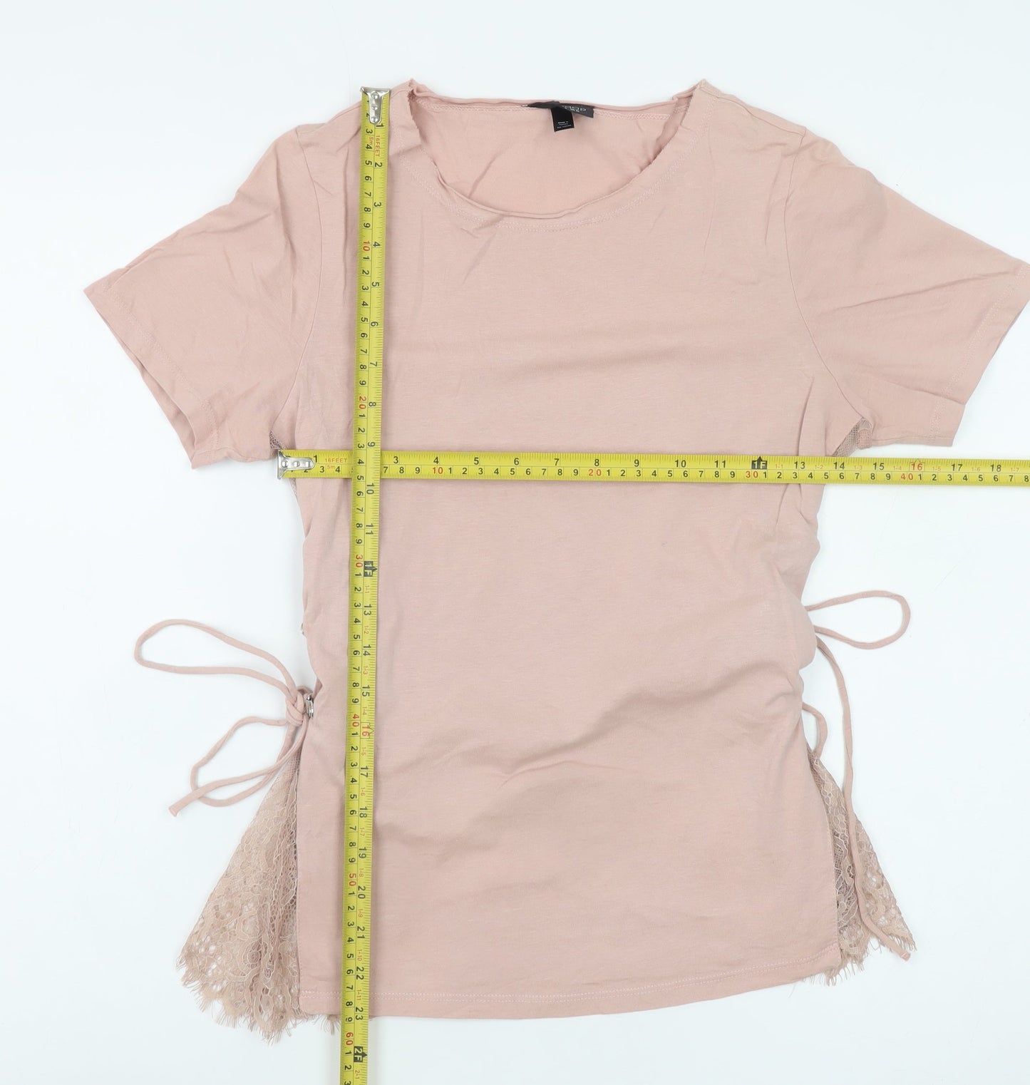 Topshop Women Pink Lace Side Tie Cotton T-Shirt Size 10
