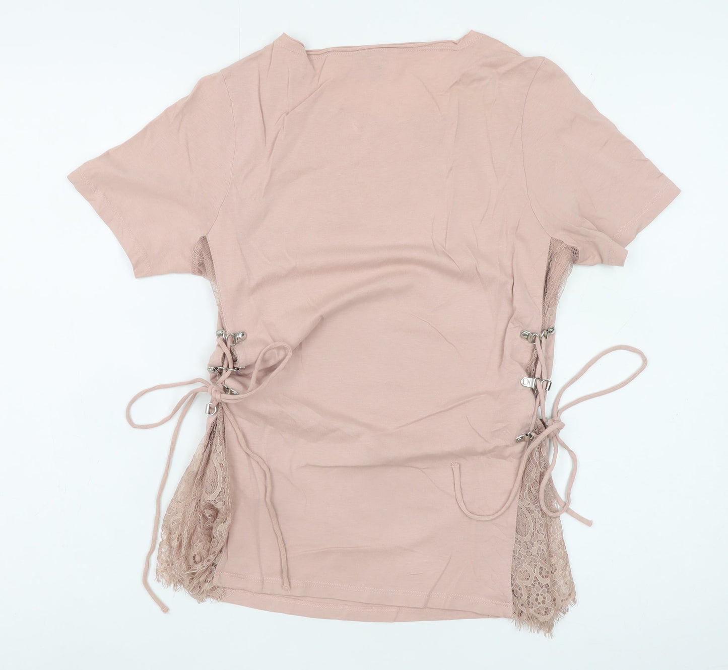 Topshop Women Pink Lace Side Tie Cotton T-Shirt Size 10