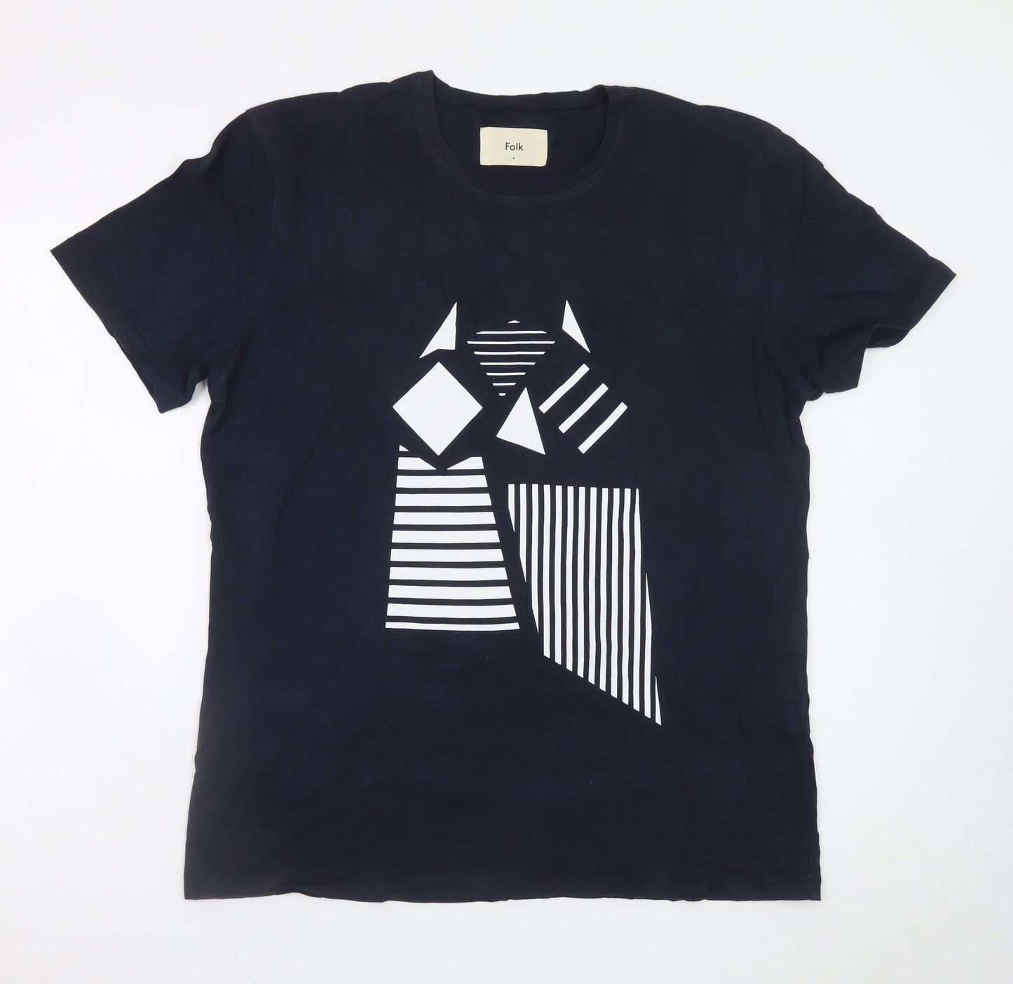 Folk Men's Blue Geometric Art Cotton Crew Neck T-Shirt L