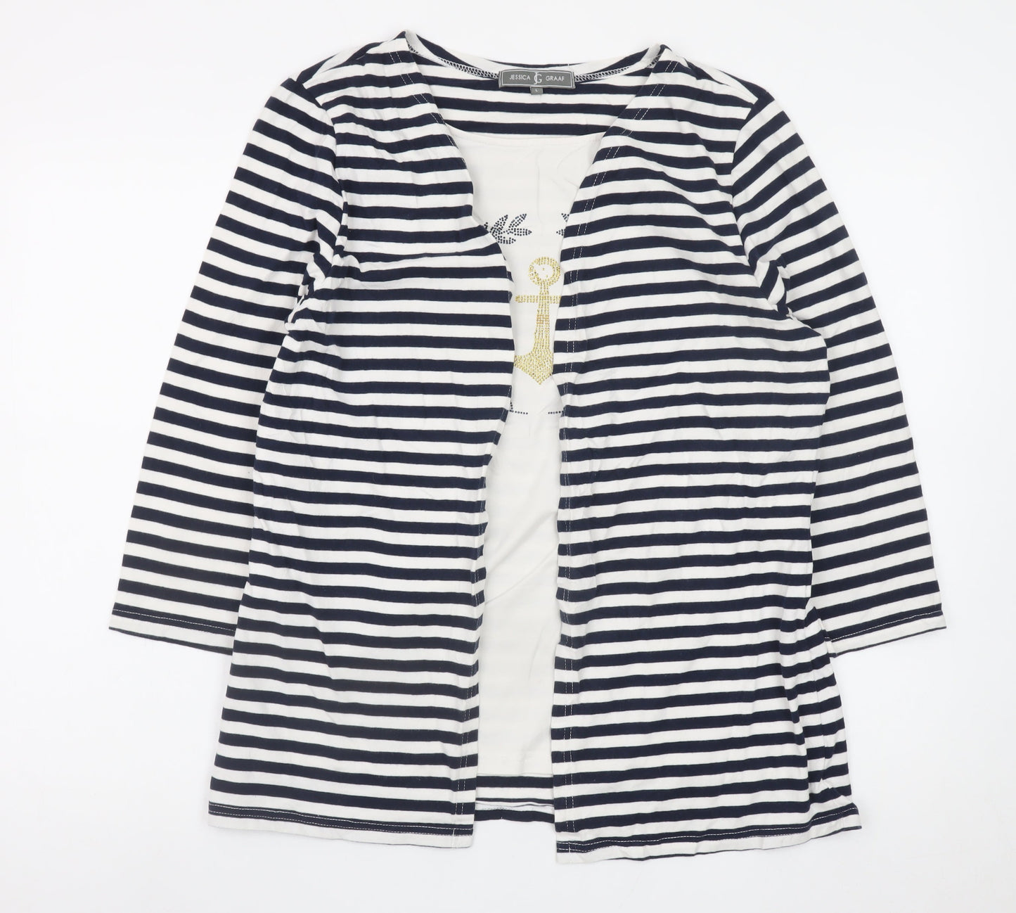 Jessica Graaf Women’s Blue Striped 3/4 Sleeve Nautical T-Shirt L