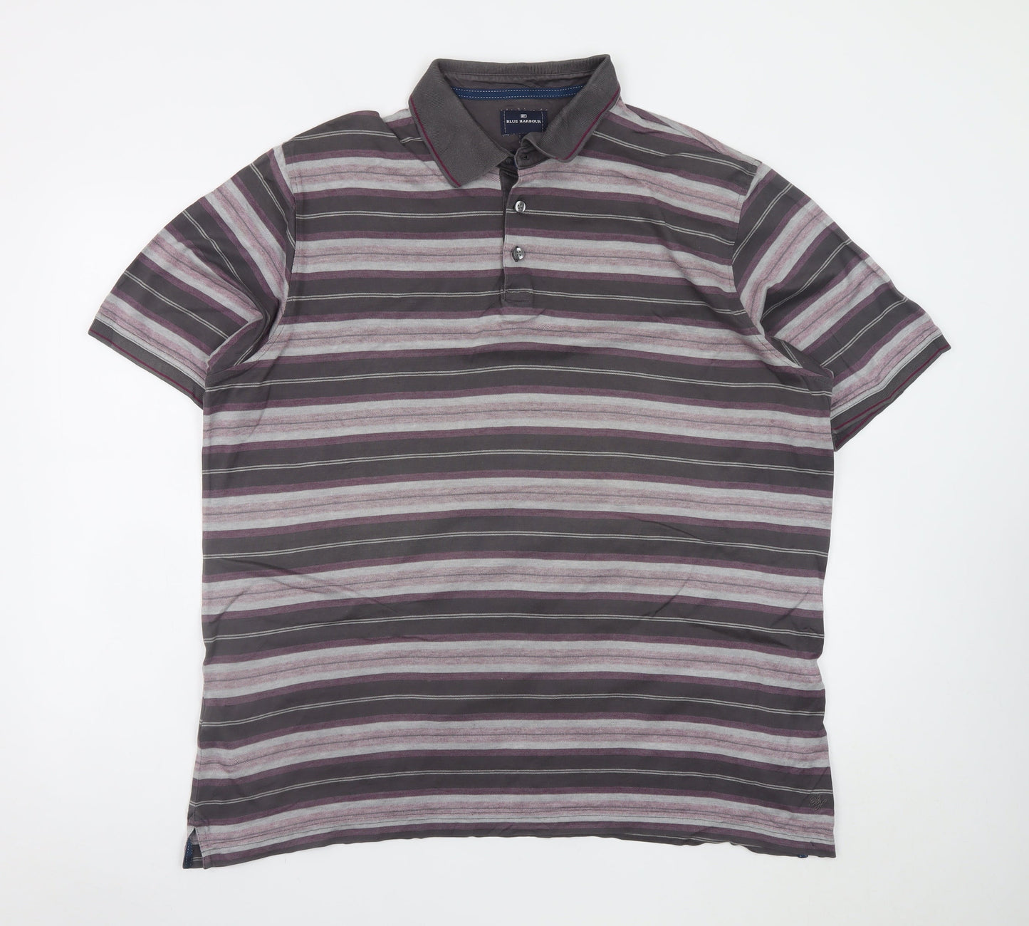 Marks and Spencer Men's Grey Striped Cotton Polo Shirt XL